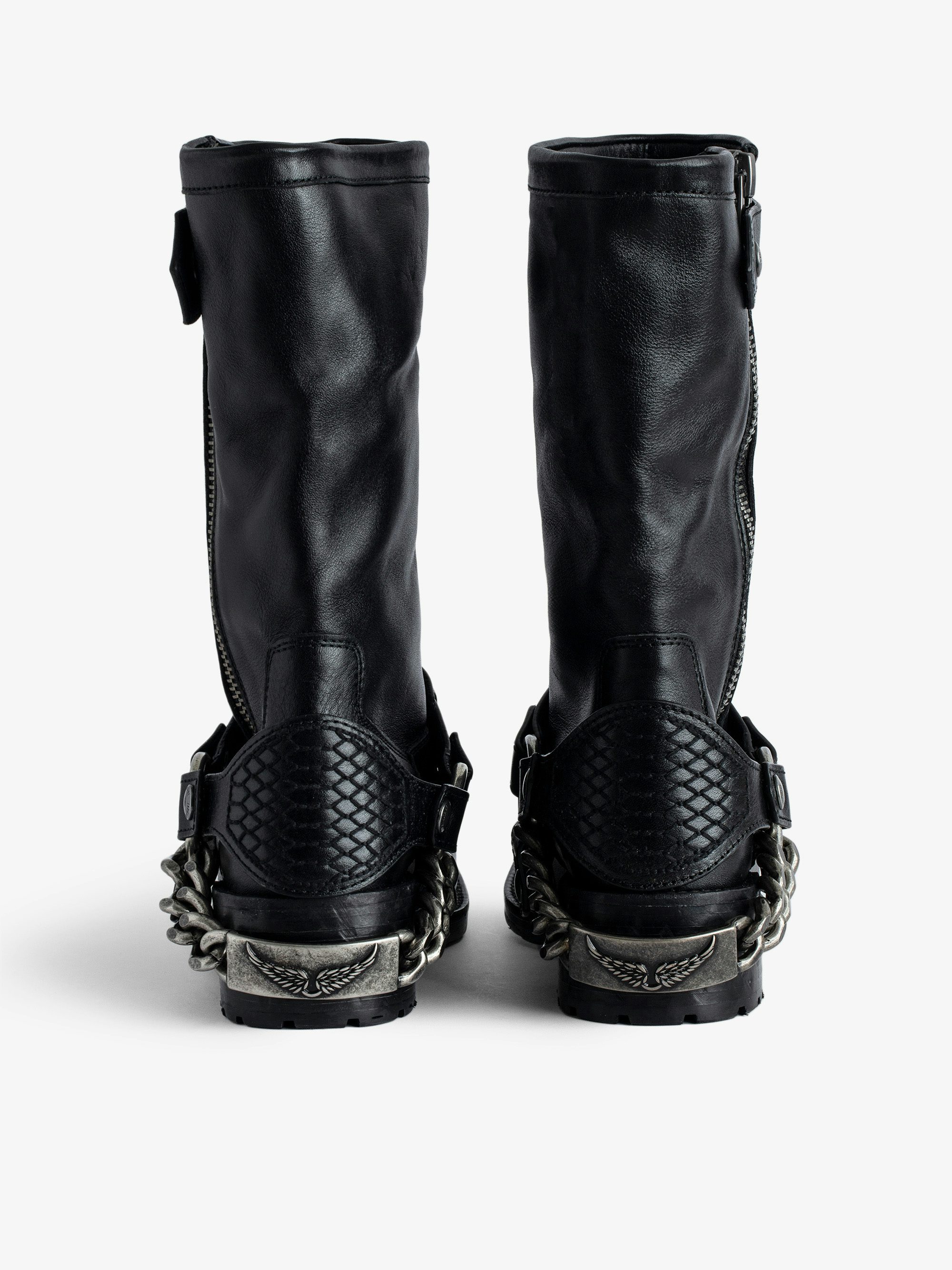 Igata Ankle Boots - Black vegetable-tanned long ankle boots with metal chains.